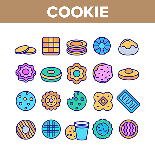 Cookie Baked Dessert Collection Icons Set Vector Thin Line. Bite Cookie And With Milk Glass, Biscuit With Cream And Waffle, Sweet Breakfast Concept Linear Pictograms. Color Contour Illustrations