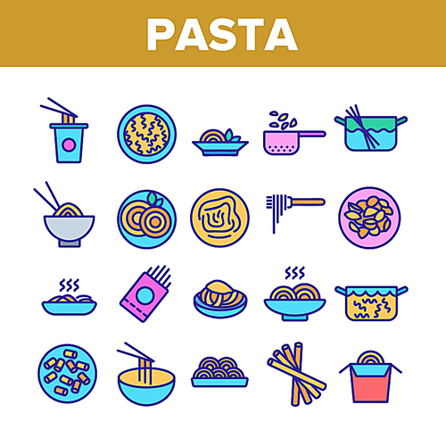 Pasta Dish Gastronomy Collection Icons Set Vector Thin Line. Chinese Pasta In Cup With Chopsticks, Spaghetti On Plate And in Bowl, Nutrition Concept Linear Pictograms. Color Contour Illustrations