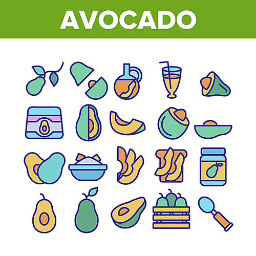 Avocado Vegetable Collection Icons Set Vector. Avocado Sliced Pieces And Healthy Drink, Fresh And On Bread, Cosmetic Cream And Plant Leaf Concept Linear Pictograms. Color Contour Illustrations