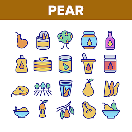 Pear Vitamin Fruit Collection Icons Set Vector. Pear Sliced Pieces And Healthy Drink Juice, Fresh And Pickles, Tree And Harvest Concept Linear Pictograms. Color Contour Illustrations