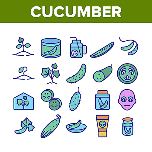 Cucumber Vegetable Collection Icons Set Vector. Cucumber Sliced Pieces And Healthy Drink, Fresh And Pickles, Cosmetic Cream And Plant Leaf Concept Linear Pictograms. Monochrome Color Illustrations