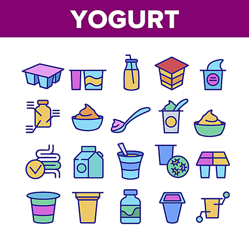 Yogurt Dairy Nutrition Collection Icons Set Vector Thin Line. Yogurt On Spoon And In Bottle With Tube, Human Organ Intestines Concept Linear Pictograms. Color Contour Illustrations