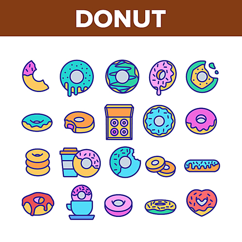 Donut Sweet Breakfast Collection Icons Set Vector. Donut With Caramel And Chocolate, Coconut Flakes And Jam, Coffee And Tea Cup Concept Linear Pictograms. Color Illustrations