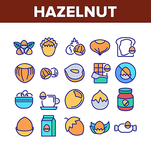 Hazelnut Organic Food Collection Icons Set Vector. Hazelnut In Coffee And Chocolate Candy, Peanut Butter Bottle And On Peace Of Bread Concept Linear Pictograms. Color Illustrations