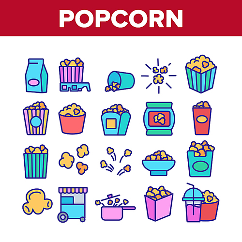 Popcorn Tasty Snack Collection Icons Set Vector. Glasses, Cup With Drink And Paper Bucket Filled Popcorn For Watch Movie In Cinema Concept Linear Pictograms. Color Illustrations