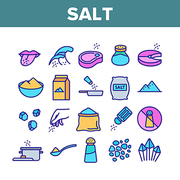 Salt Flavoring Cooking Collection Icons Set Vector. Salt On Human Tongue And In Bowl, Fish And Meat, Package And Bag, Shaker And Bottle Concept Linear Pictograms. Color Illustrations