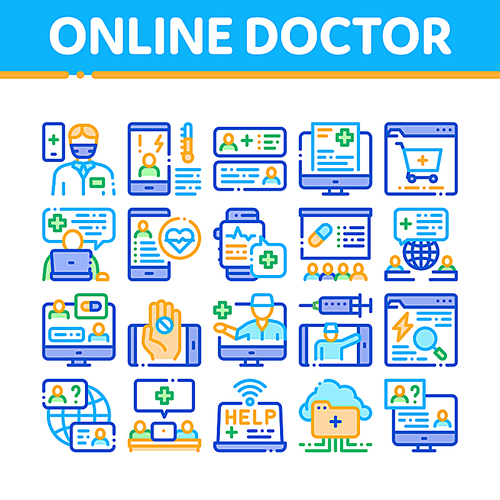 Online Doctor Advice Collection Icons Set Vector. Internet Doctor Consultation, Healthy Help Web Site, World Medicine, Hand Hold Pills Concept Linear Pictograms. Color Contour Illustrations