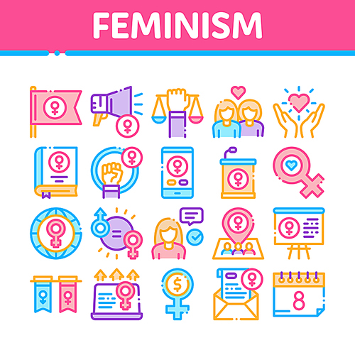 Feminism Woman Power Collection Icons Set Vector. Feminism Symbol On Flag And Gps Mark, Lesbians And Hand Hold Scales,  And Love Concept Linear Pictograms. Color Contour Illustrations