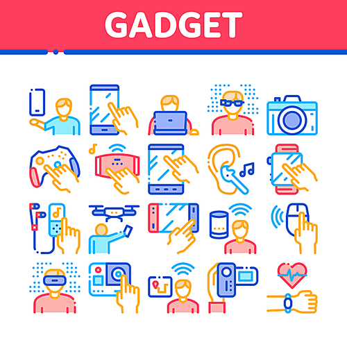 Gadget And Device Collection Icons Set Vector. Smartphone And Tablet, Photo And Video Camera, Drone And Play Joystick Gadget Concept Linear Pictograms. Color Contour Illustrations