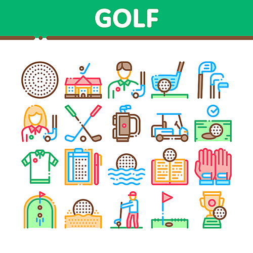 Golf Game Equipment Collection Icons Set Vector. Golf Club Building And Putter With Ball, Caddy Car And Field, Player And Champion Cup Concept Linear Pictograms. Color Contour Illustrations