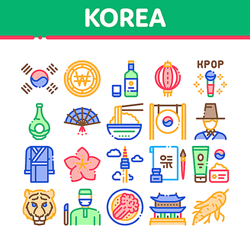 Korea Traditional Collection Icons Set Vector. Korea Flag And Wearing, Food And Drink, Palace Building And Gong, Fan And Lantern Concept Linear Pictograms. Color Contour Illustrations