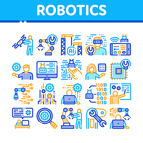 Robotics Master Collection Icons Set Vector. Human Worker With Drone And Robot Machine, Robotics Artificial Intelligence And Binary Code Concept Linear Pictograms. Color Contour Illustrations