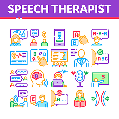 Speech Therapist Help Collection Icons Set Vector. Speech Therapist Therapy, Alphabet And Blackboard, Phone And Microphone Concept Linear Pictograms. Color Contour Illustrations