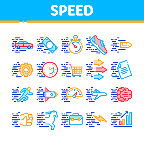 Speed Fast Motion Collection Icons Set Vector. Moving At High Speed Car And Air Plane, Rocket And Bullet, Running Human And Horse Concept Linear Pictograms. Color Contour Illustrations
