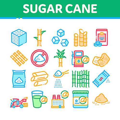 Sugar Cane Agriculture Collection Icons Set Vector. Sugar Cubes And Package, Agricultural Harvest, Plant Building And Sweet Water Cup Concept Linear Pictograms. Color Contour Illustrations