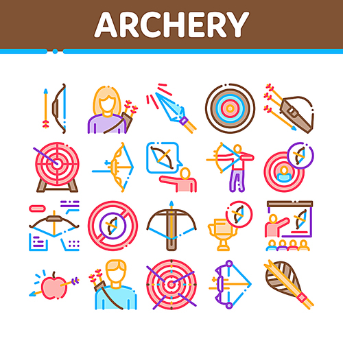 Archery Activity Sport Collection Icons Set Vector. Archery Target And Equipment, Crossbow And Bow, Arrow And Archer, Championship Cup Concept Linear Pictograms. Color Illustrations