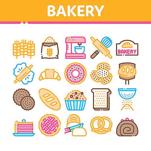 Bakery Tasty Food Collection Icons Set Vector. Bakery Cake And Bread, Pie And Donut, Cookie And Croissant, Wheat And Flour Concept Linear Pictograms. Color Illustrations