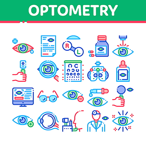 Optometry Medical Aid Collection Icons Set Vector. Optometry Doctor Equipment And Pills Bottle, Eye Drops And Glasses, Research And Health Concept Linear Pictograms. Color Illustrations
