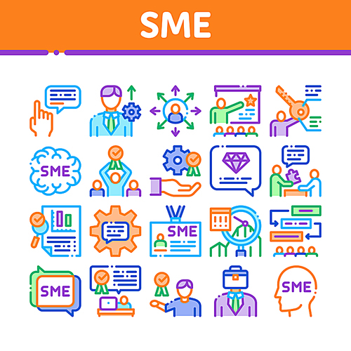 Sme Business Company Collection Icons Set Vector. Sme Small And Medium Enterprise, Communication And Education, Badge And Case Concept Linear Pictograms. Color Illustrations