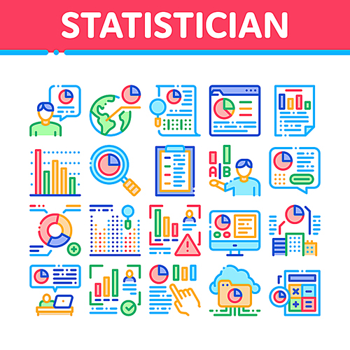 Statistician Assistant Collection Icons Set Vector. Statistician Research And Document File, Web Site On Computer Screen And Cloud Storage Concept Linear Pictograms. Color Illustrations