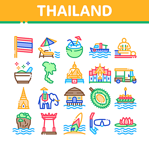 Thailand National Collection Icons Set Vector. Thailand On Geography Map And Flag, Bungalow And Building, Elephant And Tuktuk Concept Linear Pictograms. Color Illustrations