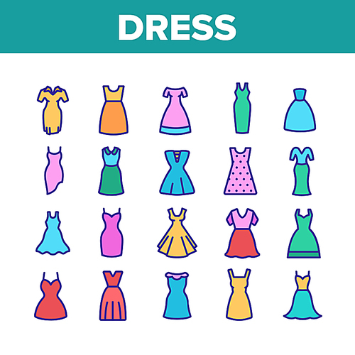 Dress Fashion Female Collection Icons Set Vector Thin Line. Fashionable Woman Dress, Elegant And Trendy Clothes For Lady Concept Linear Pictograms. Color Illustrations