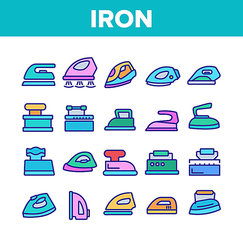 Iron Electrical Tool Collection Icons Set Vector Thin Line. Vintage And Modern Iron Device Appliance For Ironing Clothes, Concept Linear Pictograms. Color Illustrations