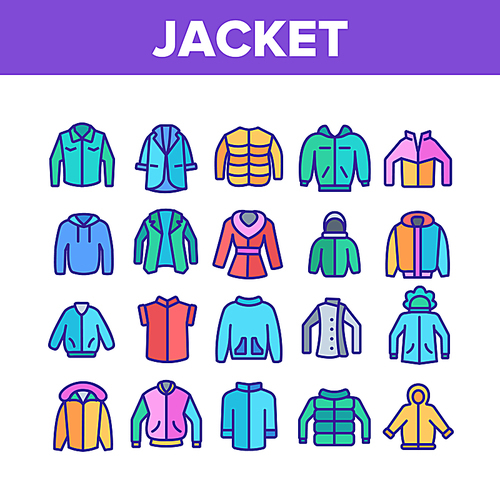 Jacket Fashion Clothes Collection Icons Set Vector Thin Line. Man, Woman And Unisex Jacket, Fashionable Sweatshirt Clothing Concept Linear Pictograms. Color Illustrations