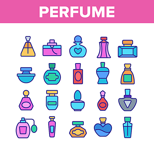 Perfume Containers Collection Icons Set Vector Thin Line. Glass Bottles With Aromatic Perfume In Different Beautiful Forms Concept Linear Pictograms. Color Illustrations