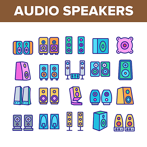 Audio Music Speakers Collection Icons Set Vector Thin Line. Electronic Acoustic Audio Sound Speakers System And Loudspeakers Concept Linear Pictograms. Color Contour Illustrations