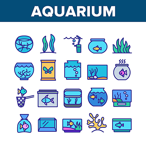 Aquarium Fish Decor Collection Icons Set Vector Thin Line. Seaweed And Coral For Decorate Aquarium, Clean Stick And Water Bubble Pump Concept Linear Pictograms. Color Contour Illustrations