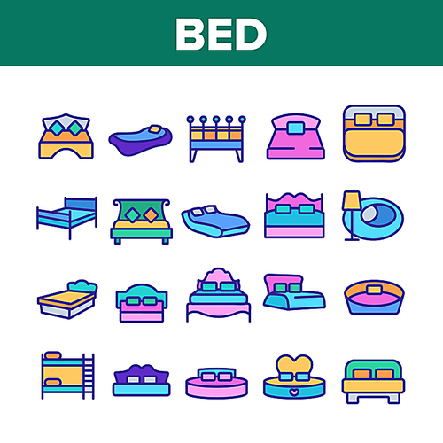 Bed Bedroom Furniture Collection Icons Set Vector Thin Line. Stylish Modern With Lamp, Vintage, In Heart Form And Bunk Bed Concept Linear Pictograms. Color Contour Illustrations