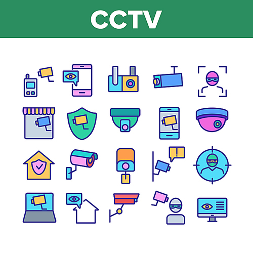 Cctv Security Camera Collection Icons Set Vector Thin Line. Cctv Video Surveillance, Robber, Computer And Mobile Phone Appliance Concept Linear Pictograms. Color Contour Illustrations