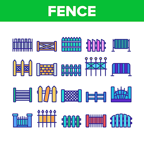 Fence Construction Collection Icons Set Vector Thin Line. Wooden And Metallic, Brick And Stone Fence Different Material And Design Concept Linear Pictograms. Color Contour Illustrations