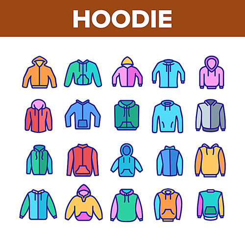 Hoodie And Sweater Collection Icons Set Vector Thin Line. Fashionable Stylish Hoodie With Hood, Warm Clothing With Long Sleeve Concept Linear Pictograms. Color Contour Illustrations