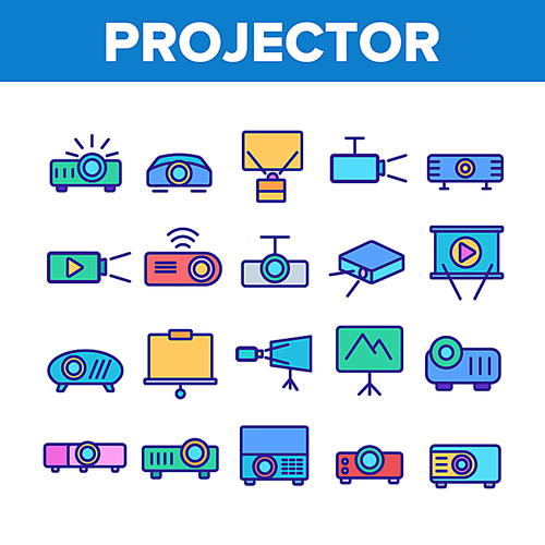 Projector Equipment Collection Icons Set Vector Thin Line. Electronic Device Video Projector And Projection Screen For Watch Film Concept Linear Pictograms. Color Contour Illustrations