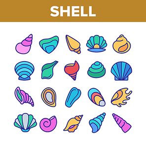 Shell And Marine Conch Collection Icons Set Vector Thin Line. Nature Ocean Shell For Shellfish, Aquatic Decorative Seashell And Cockleshell Concept Linear Pictograms. Color Contour Illustrations