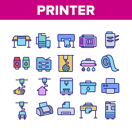 Printer Equipment Collection Icons Set Vector. Electronic 3d Printer And Device For Printing Build House, Ink Drop And Cartridge Concept Linear Pictograms. Color Contour Illustrations