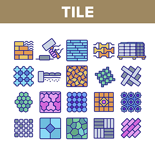 Tile Floor Material Collection Icons Set Vector. Brick On Pallet And Hammer, Different Form And Style Flooring Tile, Parquet And Wall Concept Linear Pictograms. Color Contour Illustrations