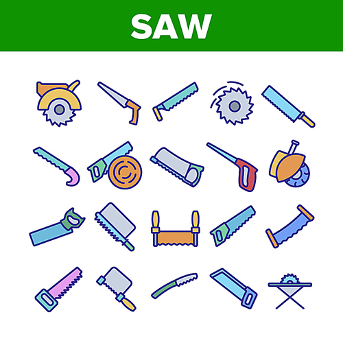 Saw Cutting Equipment Collection Icons Set Vector Thin Line. Sharp Circular Blade Machine, Hand Saw, Cutter Tool With Teeth Concept Linear Pictograms. Color Contour Illustrations