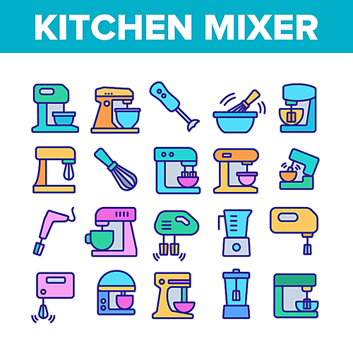 Kitchen Mixer Device Collection Icons Set Vector. Professional And Domestic Mixer Electronic And Manual Equipment For Cooking Concept Linear Pictograms. Color Illustrations