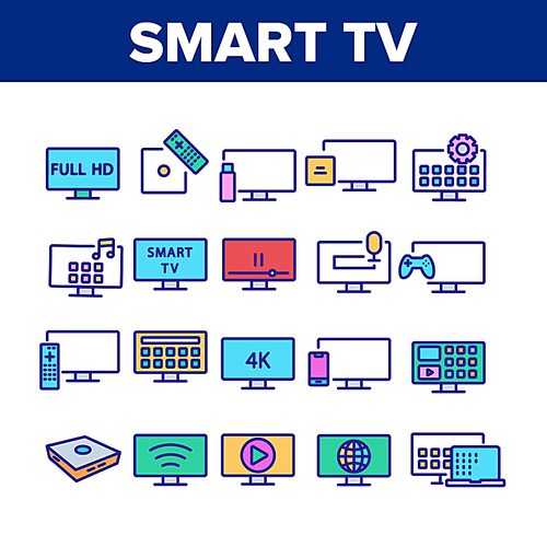 Smart Tv Television Collection Icons Set Vector. Smart Tv Electricity Technology Full Hd And 4k, Gaming And Video Device Concept Linear Pictograms. Color Illustrations