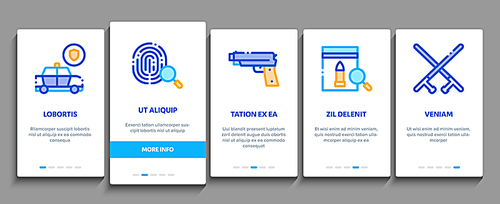 Police Department Onboarding Mobile App Page Screen. Policeman Silhouette, Police Badge And Body Armor, Helmet And Gun And Truncheon Concept Illustrations
