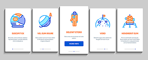 Astronaut Equipment Onboarding Mobile App Page Screen. Astronaut Spacesuit And Helmet, Shuttle And Satellite, Rocket And Asteroid Concept Illustrations