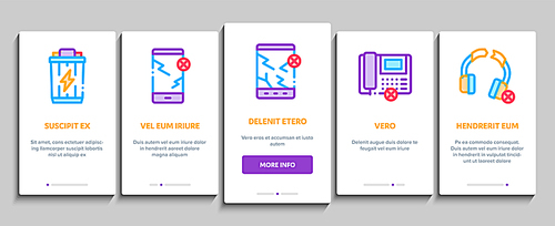 Electrical Waste Tools Onboarding Mobile App Page Screen. Broken Electrical Cord And Battery, Phone And Earphones, Dynamic And Laptop Concept Illustrations