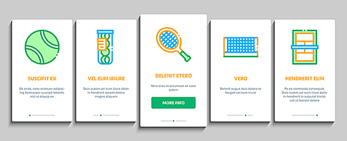 Tennis Game Equipment Onboarding Mobile App Page Screen. Racket And Tennis Field, Cup And Tracksuit, Ball Basket And Player Concept Illustrations