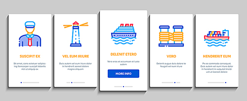 Marine Port Transport Onboarding Mobile App Page Screen. Port Dock And Harbor, Lighthouse And Anchor, Captain And Sailor, Crane And Ship Concept Illustrations