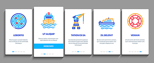 Marine Port Transport Onboarding Mobile App Page Screen. Port Dock And Harbor, Lighthouse And Anchor, Captain And Sailor, Crane And Ship Concept Illustrations