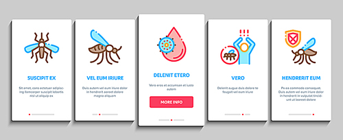 Malaria Illness Dengue Onboarding Mobile App Page Screen. Malaria Mosquito, Spray And Protect Cream Bottle, Sick Human And Treatment Concept Illustrations