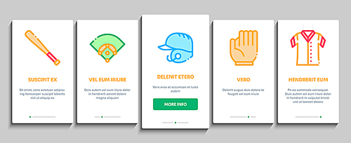 Baseball Game Tools Onboarding Mobile App Page Screen Vector. Baseball Bat And Ball, Protection Helmet And Glove, Stopwatch And Cup Concept Linear Pictograms. Color Contour Illustrations